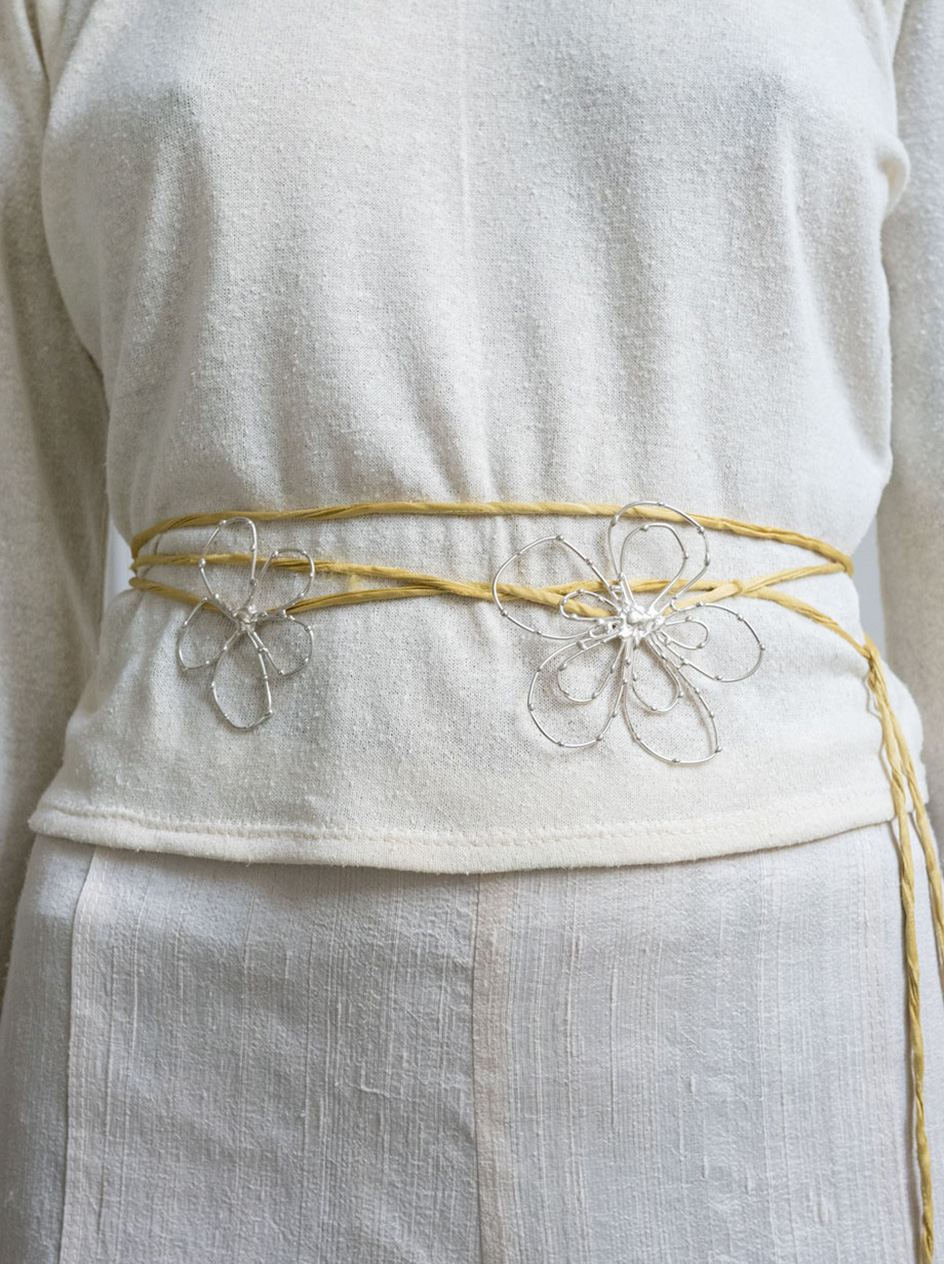 Twisted Silk Belt with Silver Flowers in Reseda
